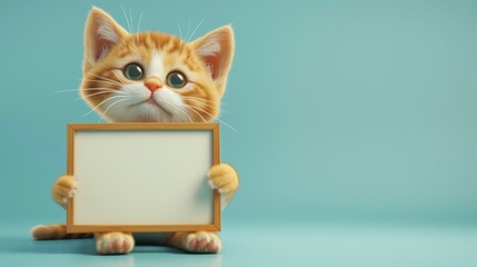 3D Vector illustration of cute cat holding a message board for text
