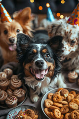Dogs standing next to plates of food at a pet birthday party