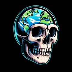 silhouette logo sketch for tattoo Human skull with planet earth inside