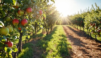 Fruit farm with apple trees. A branch with natural apples on a blurred background of an apple orchard at the golden hour. The concept of organic, local, seasonal fruits and harvesting.