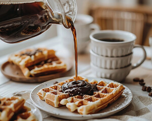 liege waffles being poured with chocolate sauce