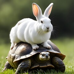 A white rabbit with two big ears on the back of a walking tortoise
