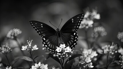 Monochrome Majesty: A Stunning Butterfly Perched Gracefully on a Delicate Flower