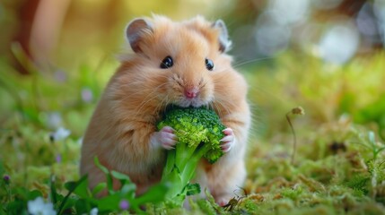 Cute hamster eating broccoli