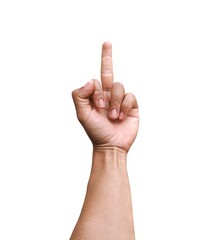 Male hands making the Fuck You symbol gesture, isolated on white background.	