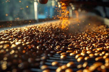 Coffee beans are being ground by a machine, with particles dispersing around.