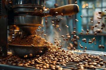 Coffee beans are being ground by a machine, with particles dispersing around.