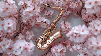 Saxophone and flowers. Flat lay, top view.