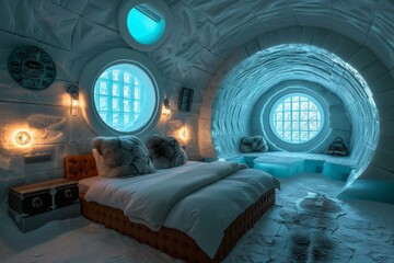A cozy bedroom carved into ice with warm lighting and modern amenities, set within an Antarctic ice hotel.