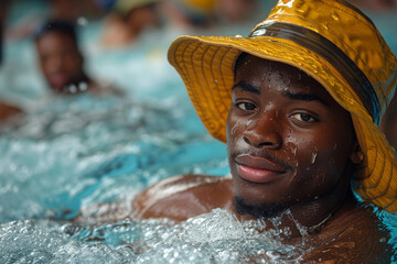 Man wearing yellow hat relaxing in pool