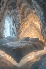 A cozy bedroom carved into ice with warm lighting and modern amenities, set within an Antarctic ice hotel.