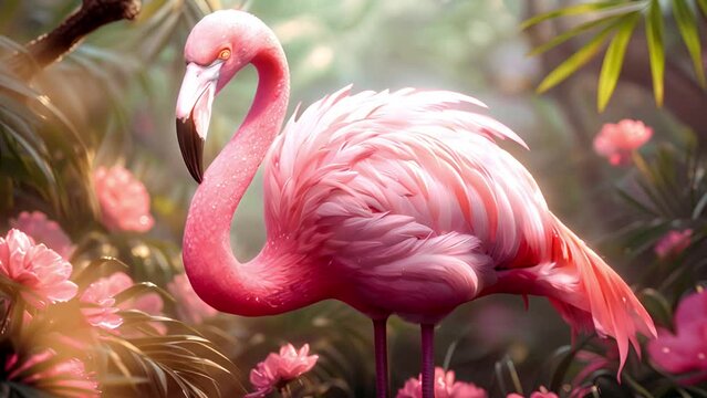 Gorgeous pink flamingos on pink pastel background. Summer holiday design. Lot of flamingos spend the winter in warm climates in Mexico, Celestun. Pink flamingo in the summer with sunlight. Pastel pink