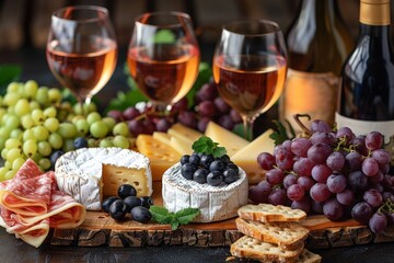 Assorted wine and cheese spread on table