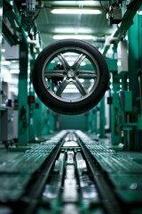 A tire hangs from machinery in a factory, with production lines blurred in the background.