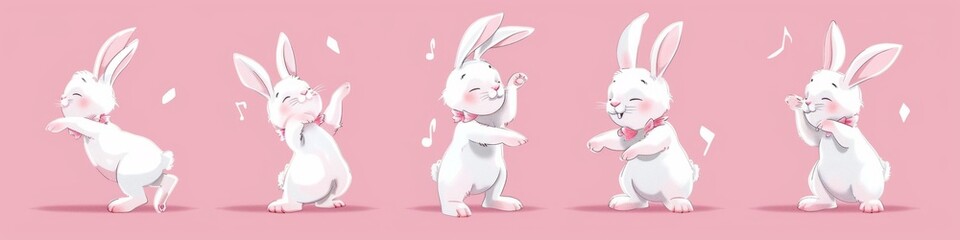 Banner collection of happy dancing rabbit with different poses on white background.