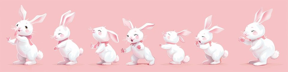 Banner collection of happy dancing rabbit with different poses on white background.