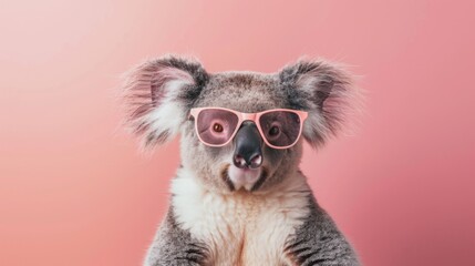 Fototapeta premium A fancy koala wearing glasses on pink background. Animal wearing sunglasses
