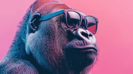 Fototapeta premium A fancy gorilla wearing glasses on pink background. Animal wearing sunglasses