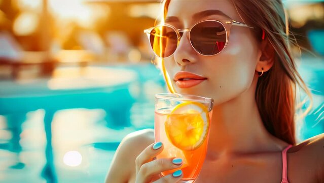 Close up portrait of a beautiful young woman with sunglasses drinking a cocktail at the beach