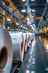 Rows of thermal paper rolls in a warehouse setting with industrial structures and lighting.