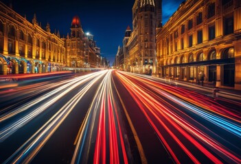 illustration, vibrant light trails nocturnal traffic long exposure, cars, vehicles, transportation, urban, city, night, motion, streaks, speed, illuminated