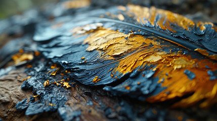 A Colorful Painting That Has Gold and Blue Feathers on Defocused Background