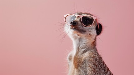 Fototapeta premium A fancy meerkat wearing glasses on pink background. Animal wearing sunglasses