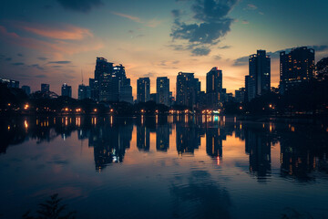 Dusk in the Urban Jungle A captivating image of a city skyline silhouetted against the fading light of dusk with the twinkling lights of skyscrapers reflecting in the still waters of a nearby river.