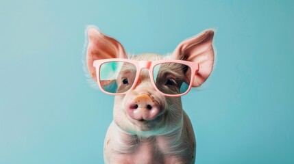 Fototapeta premium A fancy pig wearing glasses on blue background. Animal wearing sunglasses