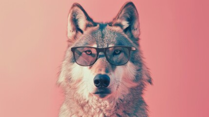 Fototapeta premium A fancy wolf wearing glasses on pink background. Animal wearing sunglasses