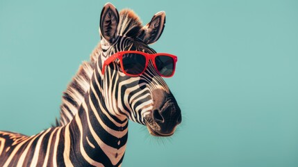 Fototapeta premium A fancy zebra wearing glasses on blue background. Animal wearing sunglasses