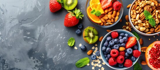 Assorted Fruits and Nuts in Bowls