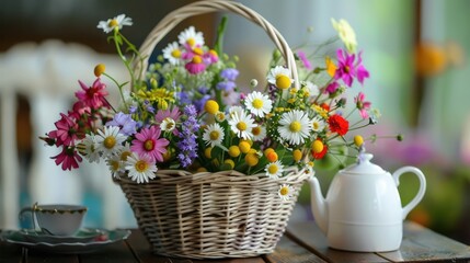 Vibrant Blooms: A Bountiful Wicker Basket Overflowing with Colorful Flowers