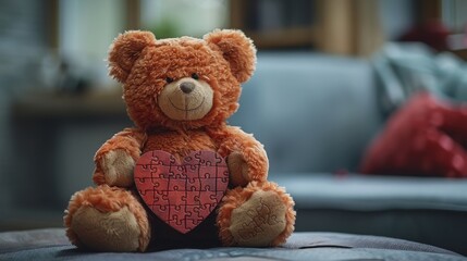 In honor of World Autism Awareness Day, a teddy bear is holding a puzzle pattern on a heart.