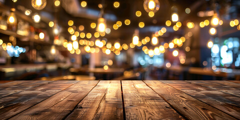 Wooden tabletop, bokeh background, blurred background of bar café restaurant .