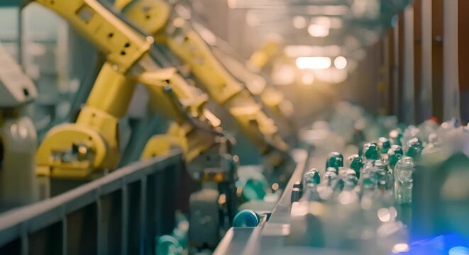 Robotic arms in recycling facility efficiently sort recyclables merging tech and sustainability. Concept Robotics, Recycling, Sustainability, Technology, Innovation
