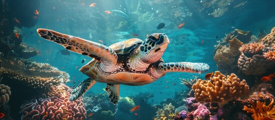 Hawksbill Sea Turtle Swimming Above Balis Coral Reef