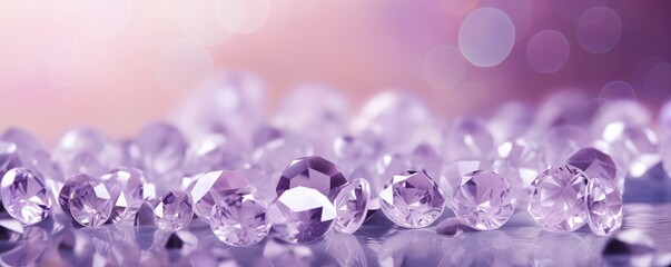 Scattered purple gemstones on a soft pink background with bokeh lights. Luxury and concept  for birthday, wedding, congratulation poster, invitation. Banner with copy space.