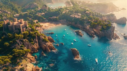 Breathtaking Aerial View of Tossa De Mar Costa Brava Coast: A Stunning Perspective of Spain's Coastal Beauty