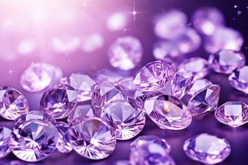 Scattered purple gemstones on a violet background with bokeh lights. Luxury and concept  for birthday, wedding, congratulation poster, invitation. Banner with copy space.