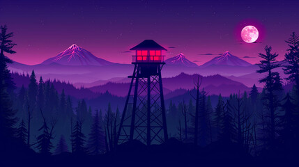 Firewatch tower in the middle of a forest. Simple illustration with flat design, mountains and a moon in the background. 
