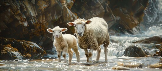 A couple of sheep, one adult and one lamb, are standing on top of a river