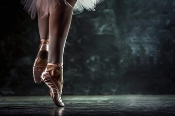 Ballerina while dancing on pointe shoes, close-up of ballerina's feet
