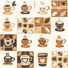Obraz premium Coffee Shop Theme Seamless Pattern with Latte Art and Brick Tile Design