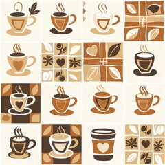 Coffee Shop Theme Seamless Pattern with Latte Art and Brick Tile Design

