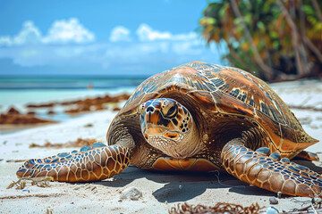 A huge turtle lies on the sea sand by the sea