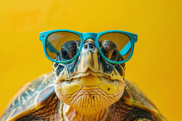 Large turtle in sunglasses on a yellow background, traveler to seaside resorts
