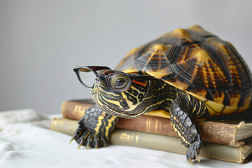 Turtle in reading glasses lies on a book on a white background, lover of reading