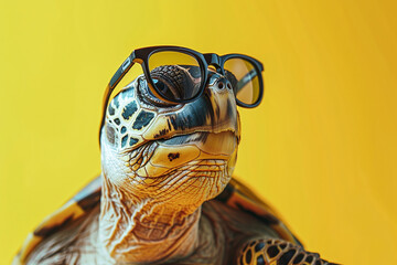 Large turtle wearing reading glasses on a yellow background
