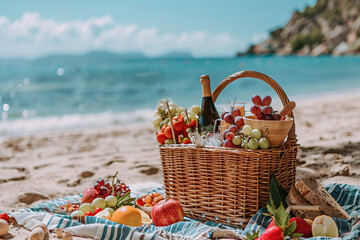 Picnic basket with food on the beach